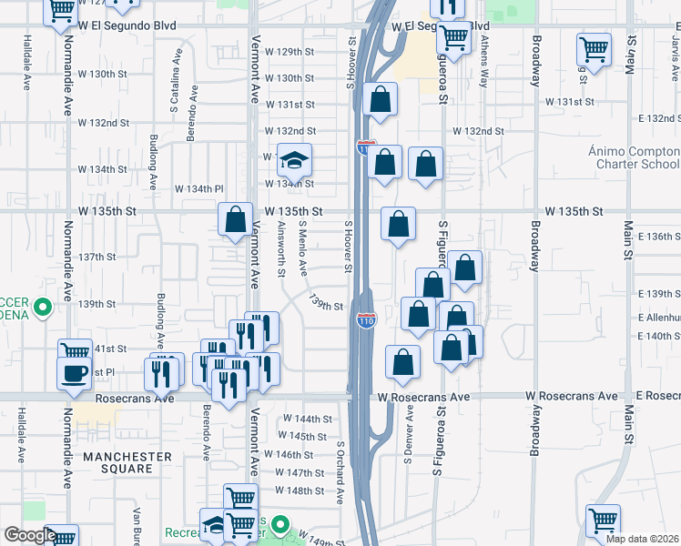 map of restaurants, bars, coffee shops, grocery stores, and more near 708 West 137th Place in Gardena