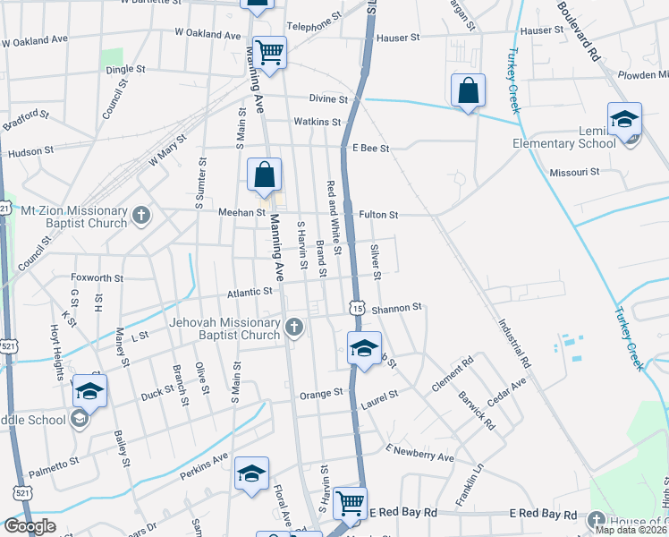 map of restaurants, bars, coffee shops, grocery stores, and more near 201 Brand Street in Sumter