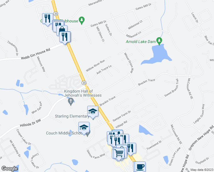 map of restaurants, bars, coffee shops, grocery stores, and more near 1729 Wheatgrass Way in Grayson