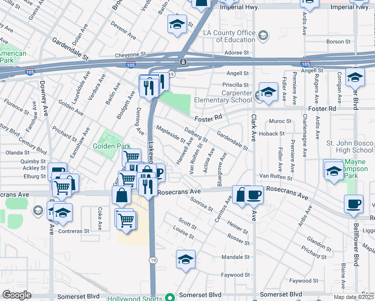 map of restaurants, bars, coffee shops, grocery stores, and more near 13742 Hanwell Avenue in Bellflower