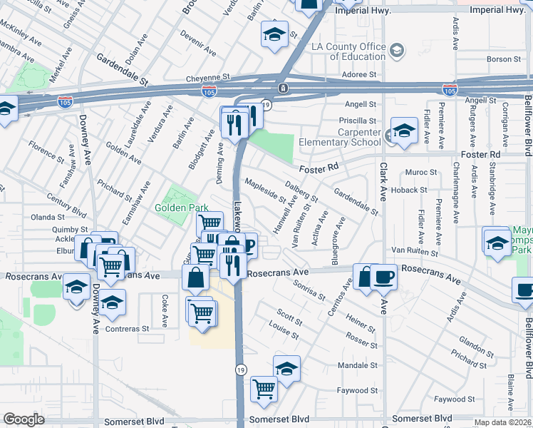 map of restaurants, bars, coffee shops, grocery stores, and more near 9130 Hargill Street in Bellflower