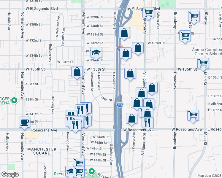 map of restaurants, bars, coffee shops, grocery stores, and more near 708 West 137th Place in Gardena