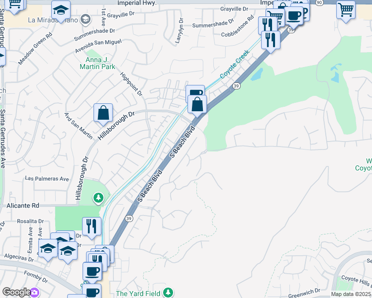 map of restaurants, bars, coffee shops, grocery stores, and more near 13759 Francisco Drive in La Mirada