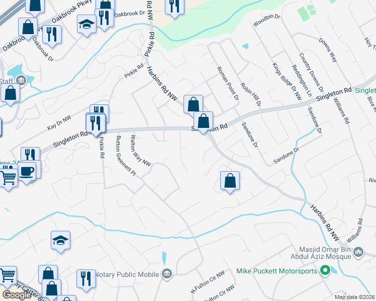 map of restaurants, bars, coffee shops, grocery stores, and more near 5624 Singleton Road in Norcross