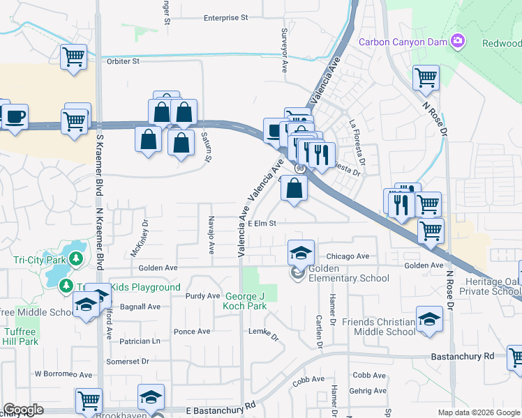 map of restaurants, bars, coffee shops, grocery stores, and more near 634 South Oakhaven Avenue in Brea
