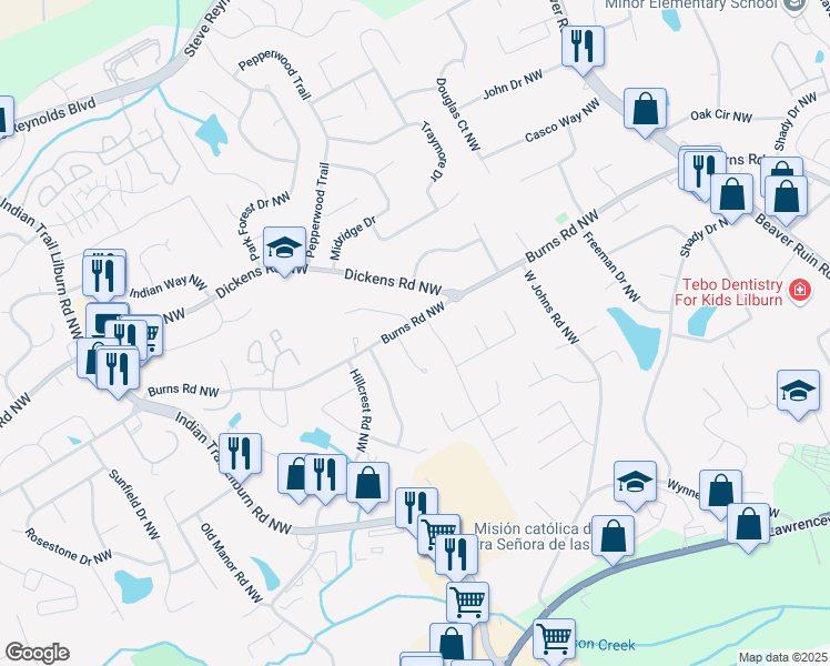 map of restaurants, bars, coffee shops, grocery stores, and more near 4662 Burns Road Northwest in Lilburn