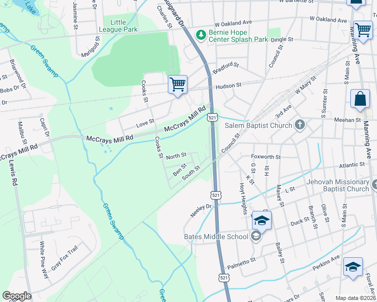 map of restaurants, bars, coffee shops, grocery stores, and more near 30 Bridge Court in Sumter