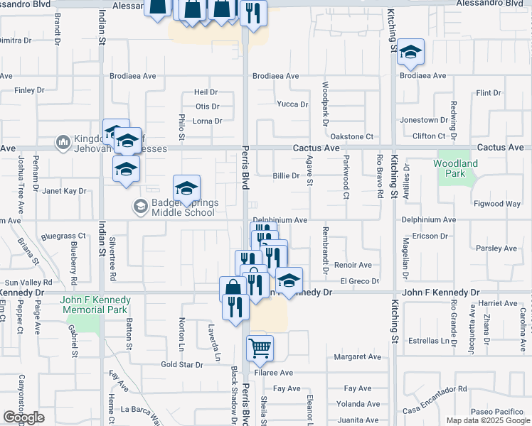 map of restaurants, bars, coffee shops, grocery stores, and more near 14700 Perris Boulevard in Moreno Valley