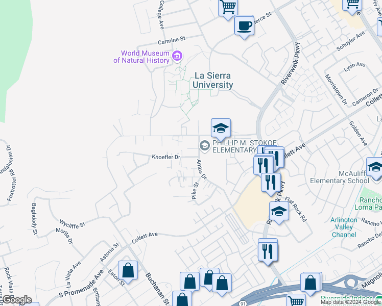 map of restaurants, bars, coffee shops, grocery stores, and more near 4570 Ambs Drive in Riverside