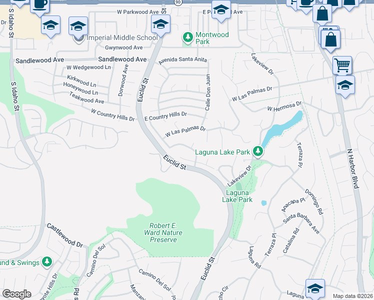 map of restaurants, bars, coffee shops, grocery stores, and more near 3017 Valera in Fullerton
