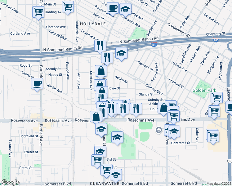 map of restaurants, bars, coffee shops, grocery stores, and more near 13931 Orizaba Avenue in Paramount