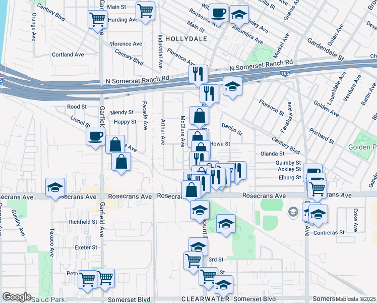 map of restaurants, bars, coffee shops, grocery stores, and more near 7931 Howe Street in Paramount