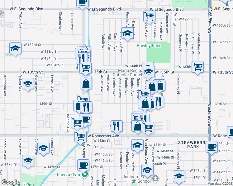 map of restaurants, bars, coffee shops, grocery stores, and more near 13617 Arcturus Avenue in Gardena