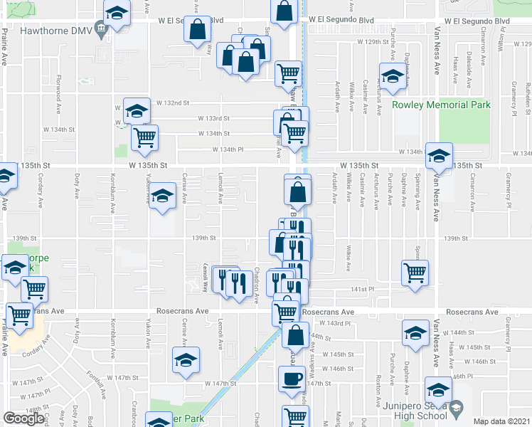 map of restaurants, bars, coffee shops, grocery stores, and more near 13615 Crenshaw Boulevard in Hawthorne