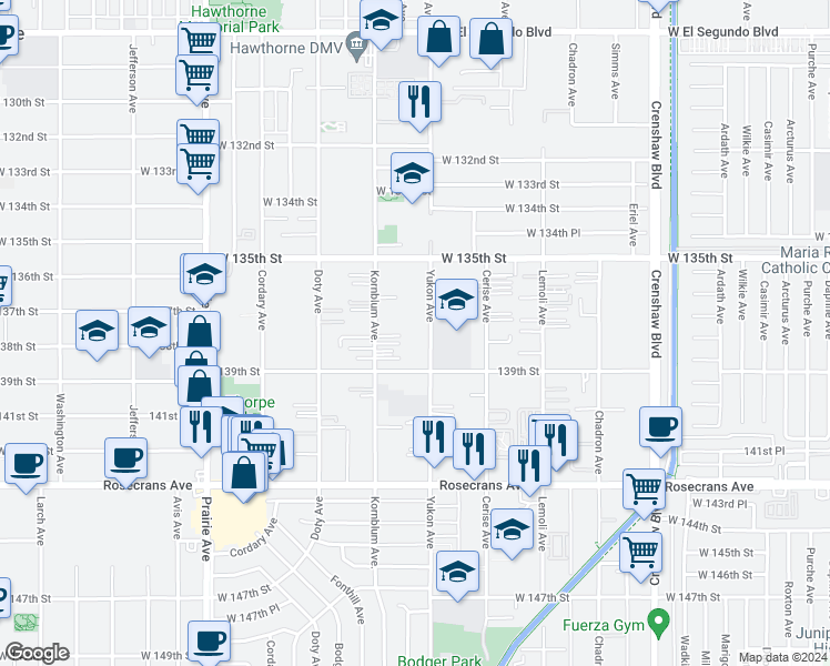 map of restaurants, bars, coffee shops, grocery stores, and more near 13616 Kornblum Avenue in Hawthorne