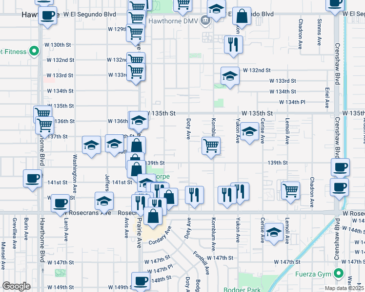 map of restaurants, bars, coffee shops, grocery stores, and more near 13620 Doty Avenue in Hawthorne