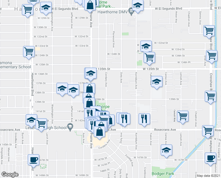 map of restaurants, bars, coffee shops, grocery stores, and more near 13620 Cordary Avenue in Hawthorne