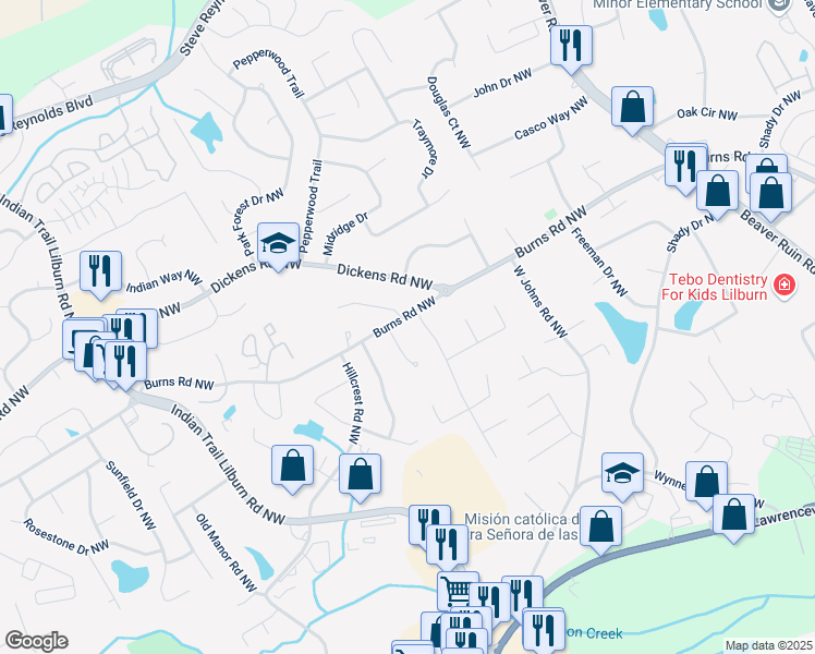 map of restaurants, bars, coffee shops, grocery stores, and more near 4662 Burns Road Northwest in Lilburn