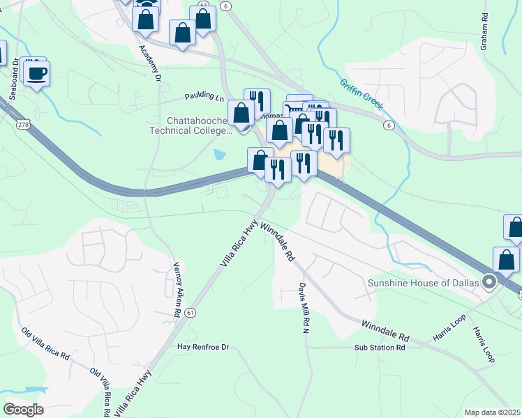 map of restaurants, bars, coffee shops, grocery stores, and more near Villa Rica Highway in Dallas