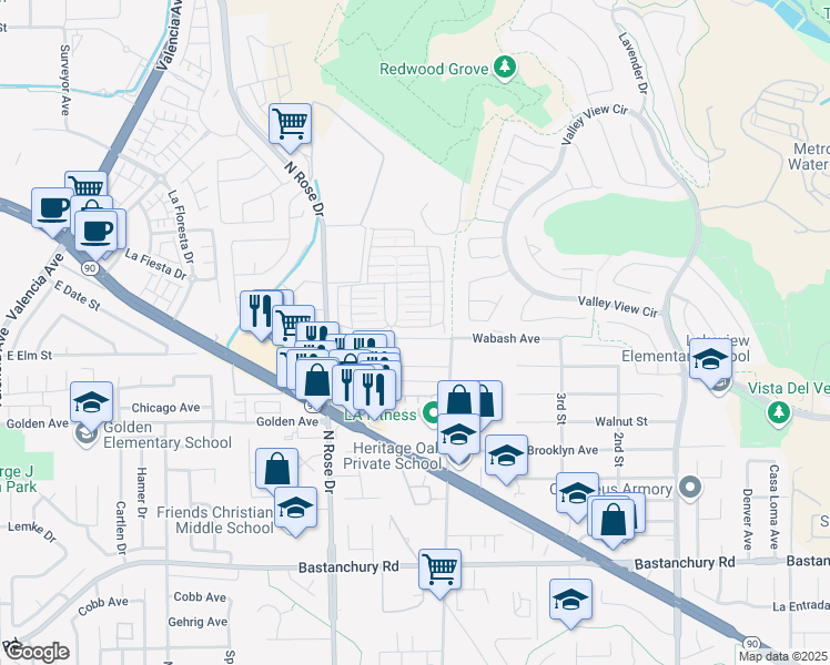map of restaurants, bars, coffee shops, grocery stores, and more near 16942 Lake Park Way in Yorba Linda