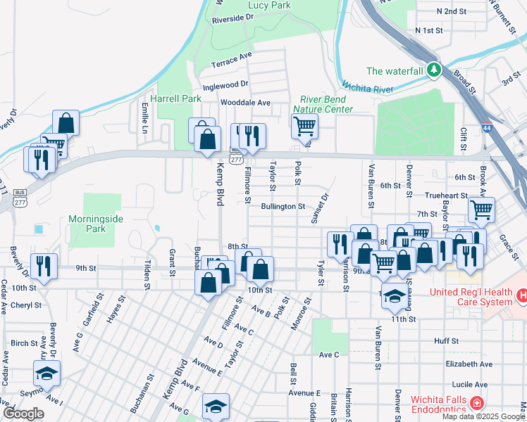map of restaurants, bars, coffee shops, grocery stores, and more near 2404 Bullington Street in Wichita Falls