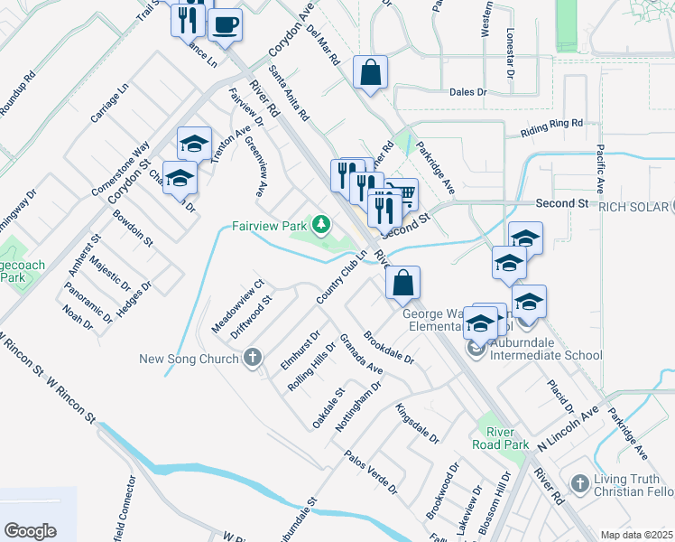 map of restaurants, bars, coffee shops, grocery stores, and more near 1142 Country Club Lane in Corona