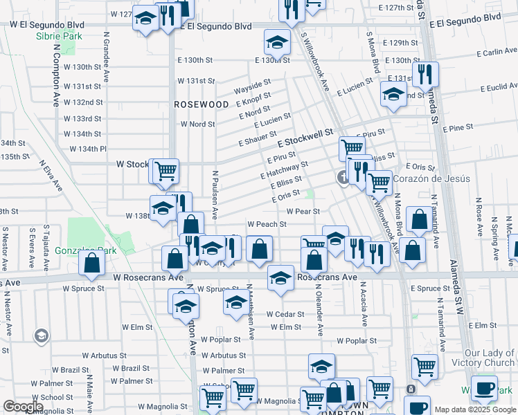 map of restaurants, bars, coffee shops, grocery stores, and more near 13711 South Aranbe Avenue in Compton