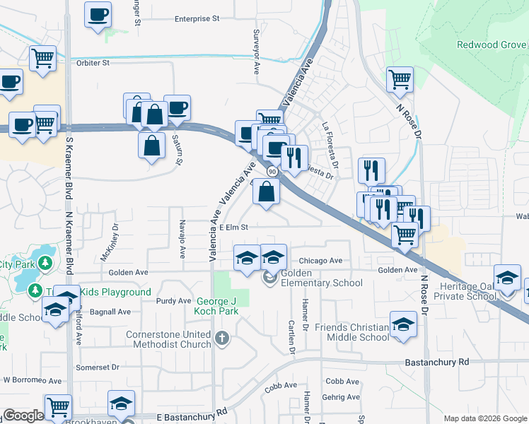 map of restaurants, bars, coffee shops, grocery stores, and more near 3313 Greenleaf Drive in Brea