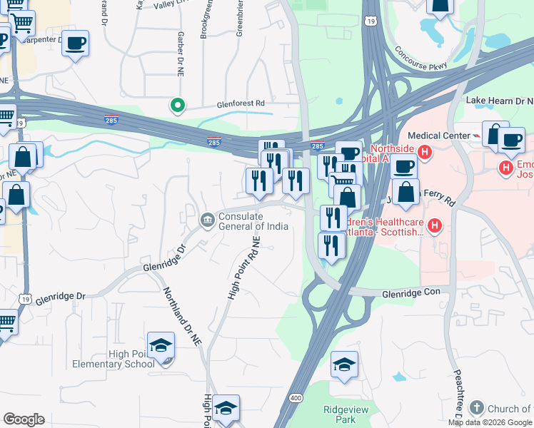 map of restaurants, bars, coffee shops, grocery stores, and more near 5607 Glenridge Drive in Atlanta