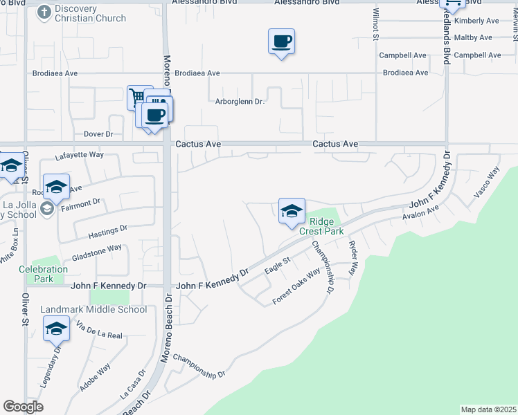 map of restaurants, bars, coffee shops, grocery stores, and more near 28263 Grandview Drive in Moreno Valley