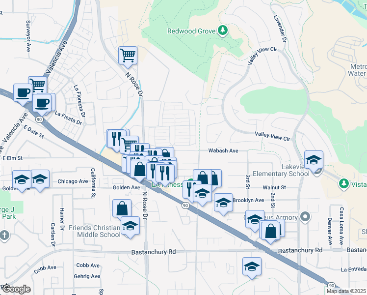 map of restaurants, bars, coffee shops, grocery stores, and more near 16942 Lake Park Way in Yorba Linda