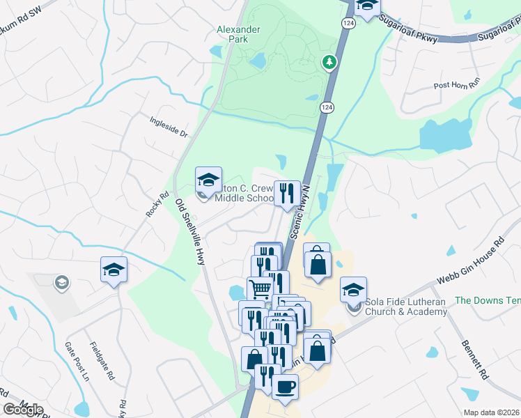 map of restaurants, bars, coffee shops, grocery stores, and more near 1381 Scenic Pines Drive in Lawrenceville