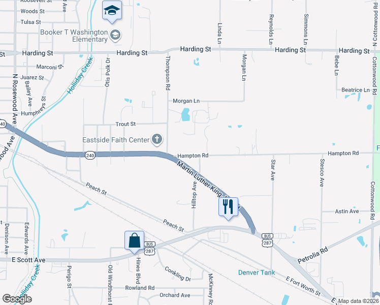map of restaurants, bars, coffee shops, grocery stores, and more near 1511 Hampton Road in Wichita Falls