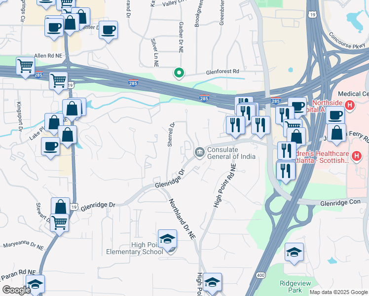 map of restaurants, bars, coffee shops, grocery stores, and more near 5550 Glenridge Drive in Sandy Springs