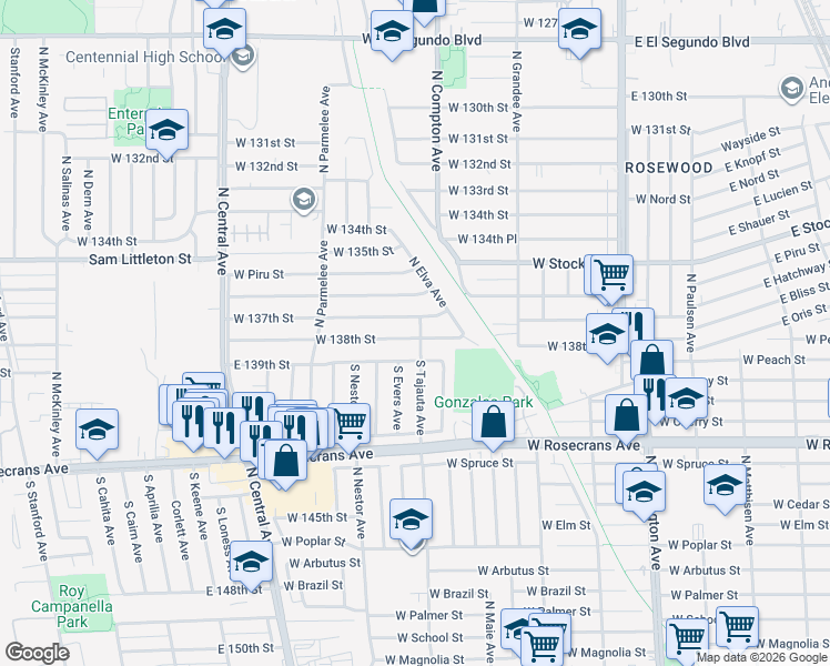 map of restaurants, bars, coffee shops, grocery stores, and more near 1201 West 138th Street in Compton