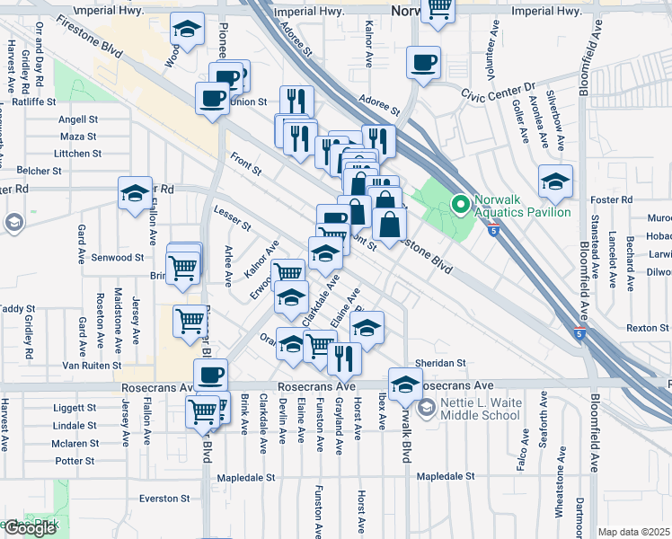 map of restaurants, bars, coffee shops, grocery stores, and more near 13701 Clarkdale Avenue in Norwalk
