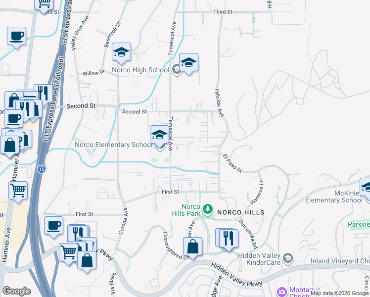 map of restaurants, bars, coffee shops, grocery stores, and more near 1071 Raquel Road in Norco