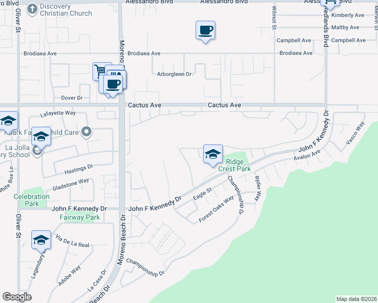 map of restaurants, bars, coffee shops, grocery stores, and more near 28263 Grandview Drive in Moreno Valley