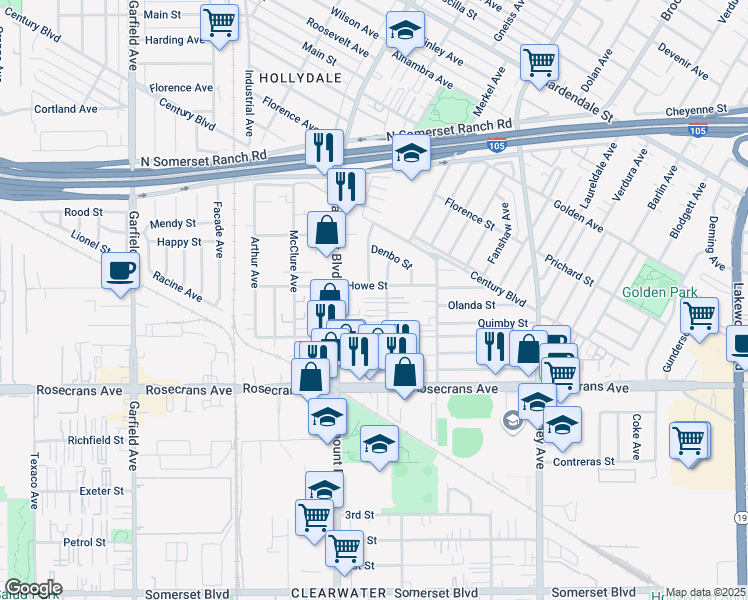 map of restaurants, bars, coffee shops, grocery stores, and more near 14015 Orizaba Avenue in Paramount
