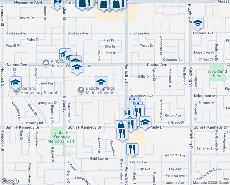 map of restaurants, bars, coffee shops, grocery stores, and more near 24912 Gulfstream Lane in Moreno Valley
