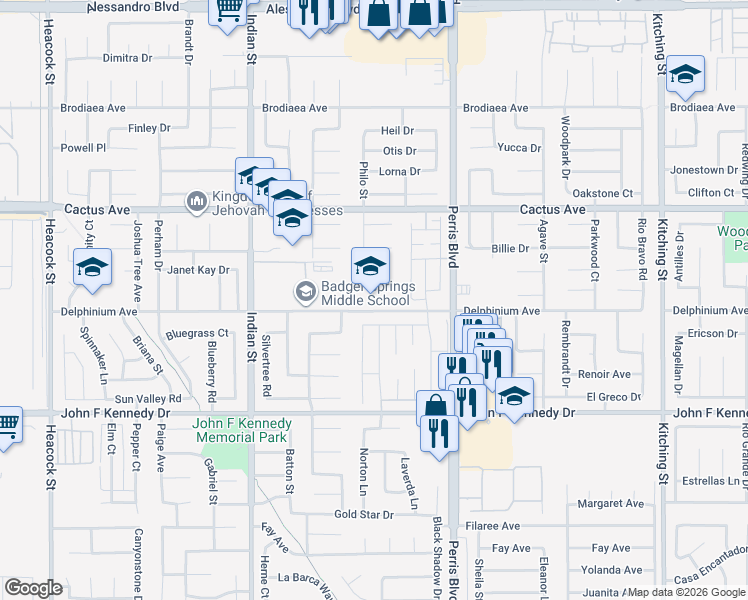 map of restaurants, bars, coffee shops, grocery stores, and more near 24850 Delphinium Avenue in Moreno Valley