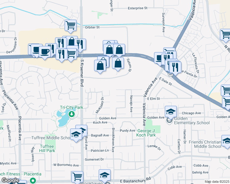map of restaurants, bars, coffee shops, grocery stores, and more near 406 Shoshoni Avenue in Placentia