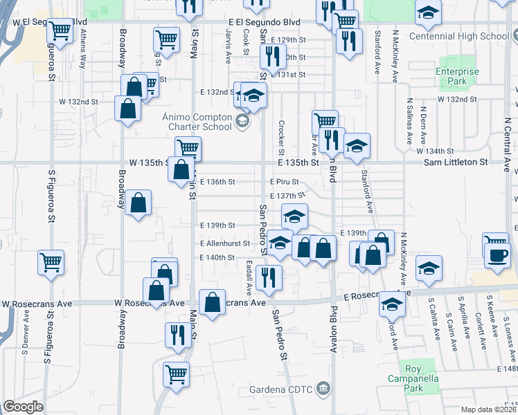 map of restaurants, bars, coffee shops, grocery stores, and more near 13719 San Pedro Street in Los Angeles