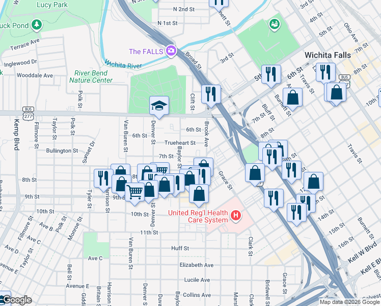 map of restaurants, bars, coffee shops, grocery stores, and more near 1717 Trueheart Street in Wichita Falls