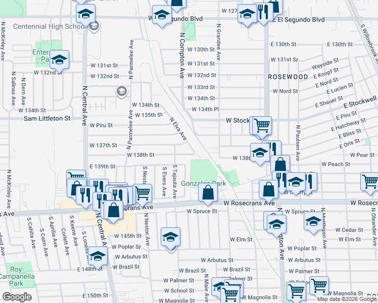 map of restaurants, bars, coffee shops, grocery stores, and more near 1013 West 138th Street in Compton