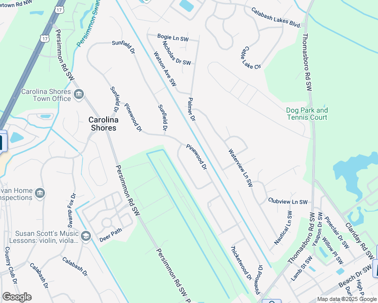 map of restaurants, bars, coffee shops, grocery stores, and more near 17 Pinewood Drive in Carolina Shores