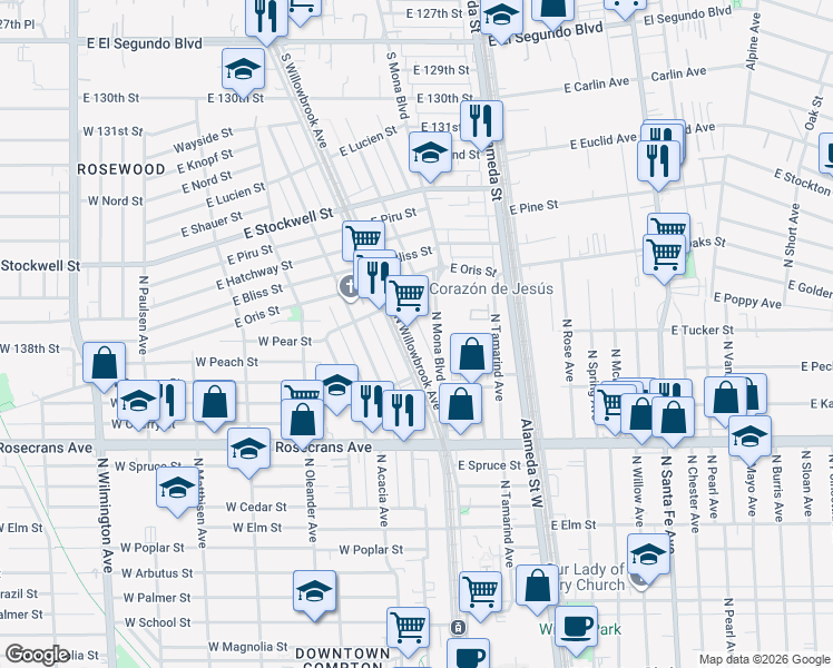 map of restaurants, bars, coffee shops, grocery stores, and more near 1610 North Willowbrook Avenue in Compton