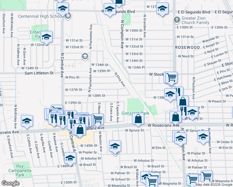 map of restaurants, bars, coffee shops, grocery stores, and more near 1105 West 137th Street in Compton