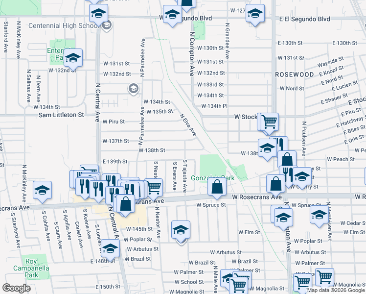 map of restaurants, bars, coffee shops, grocery stores, and more near 1201 West 138th Street in Compton
