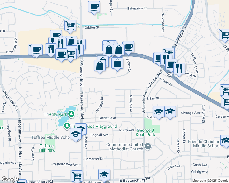 map of restaurants, bars, coffee shops, grocery stores, and more near 406 Shoshoni Avenue in Placentia